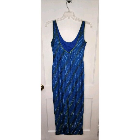 Size PM Vintage Scala 100% Silk Fully Beaded Green Blue Low Back Dress Stunning - Picture 2 of 7